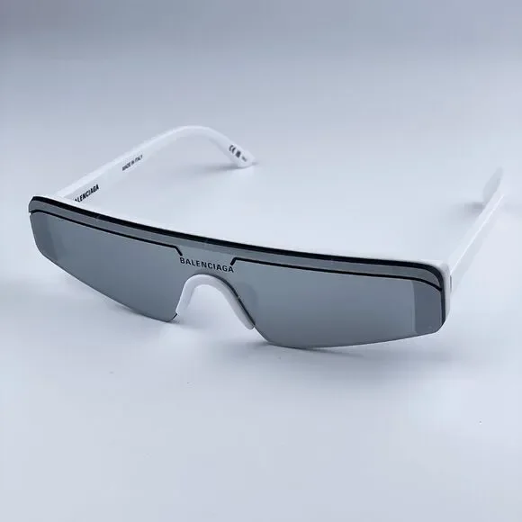 NEW Balenciaga BB0003S 002 White Silver Grey Mirrored Unisex Sunglasses